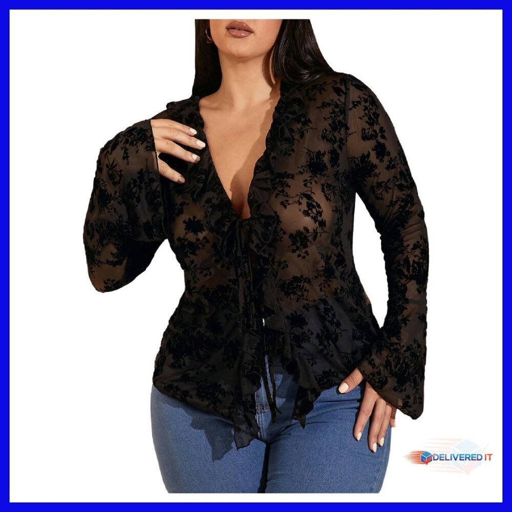 Plus Size Floral Lace Sheer Tie Front Bell Sleeve Tee